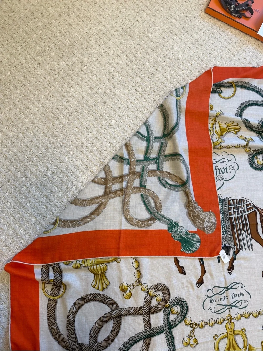 Hermes Red, Cream, Brown Equestrian Silk Scarf